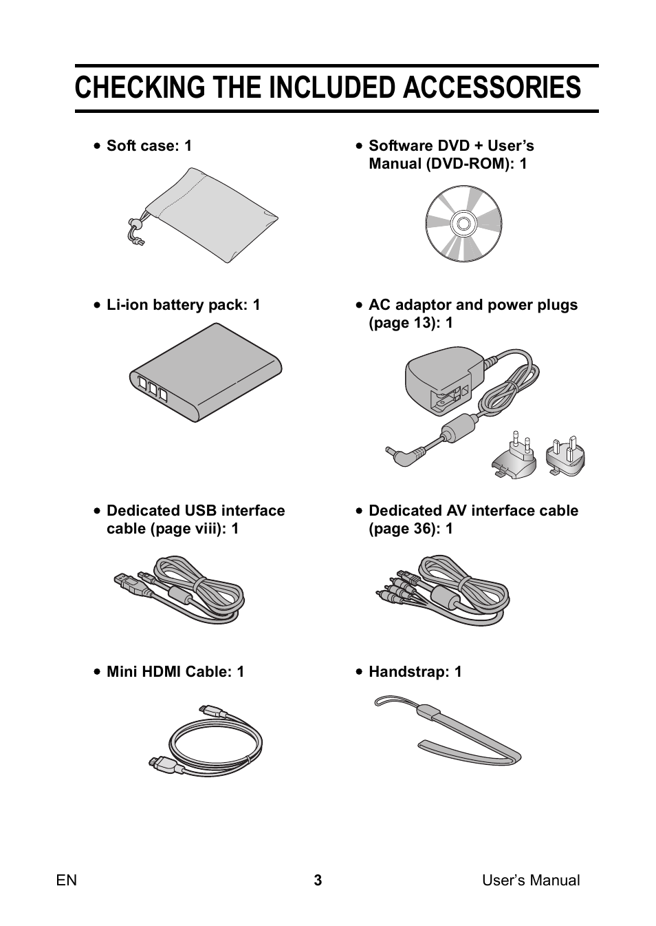 Checking the included accessories | Toshiba Camileo SX900 User Manual | Page 14 / 75