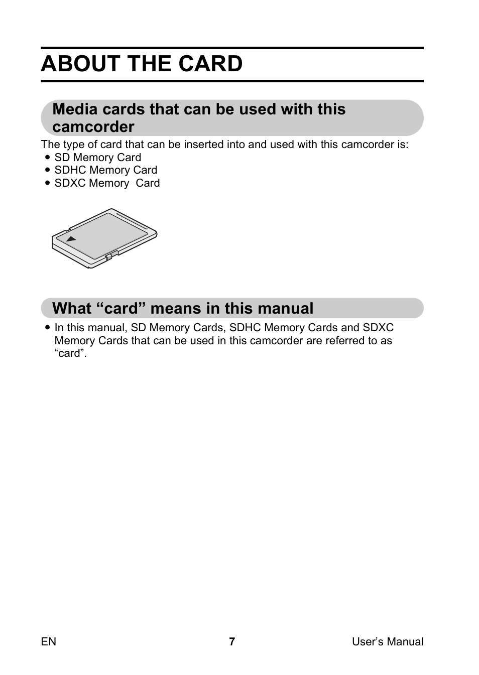 About the card, Media cards that can be used with this camcorder, What “card” means in this manual | Toshiba Camileo SX900 User Manual | Page 18 / 75