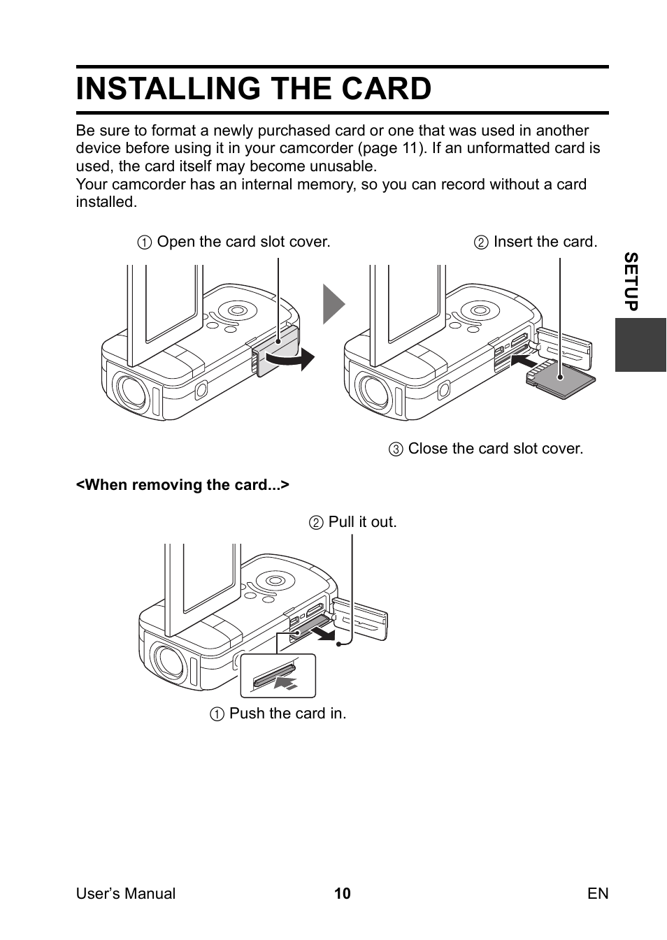 Installing the card | Toshiba Camileo SX900 User Manual | Page 21 / 75