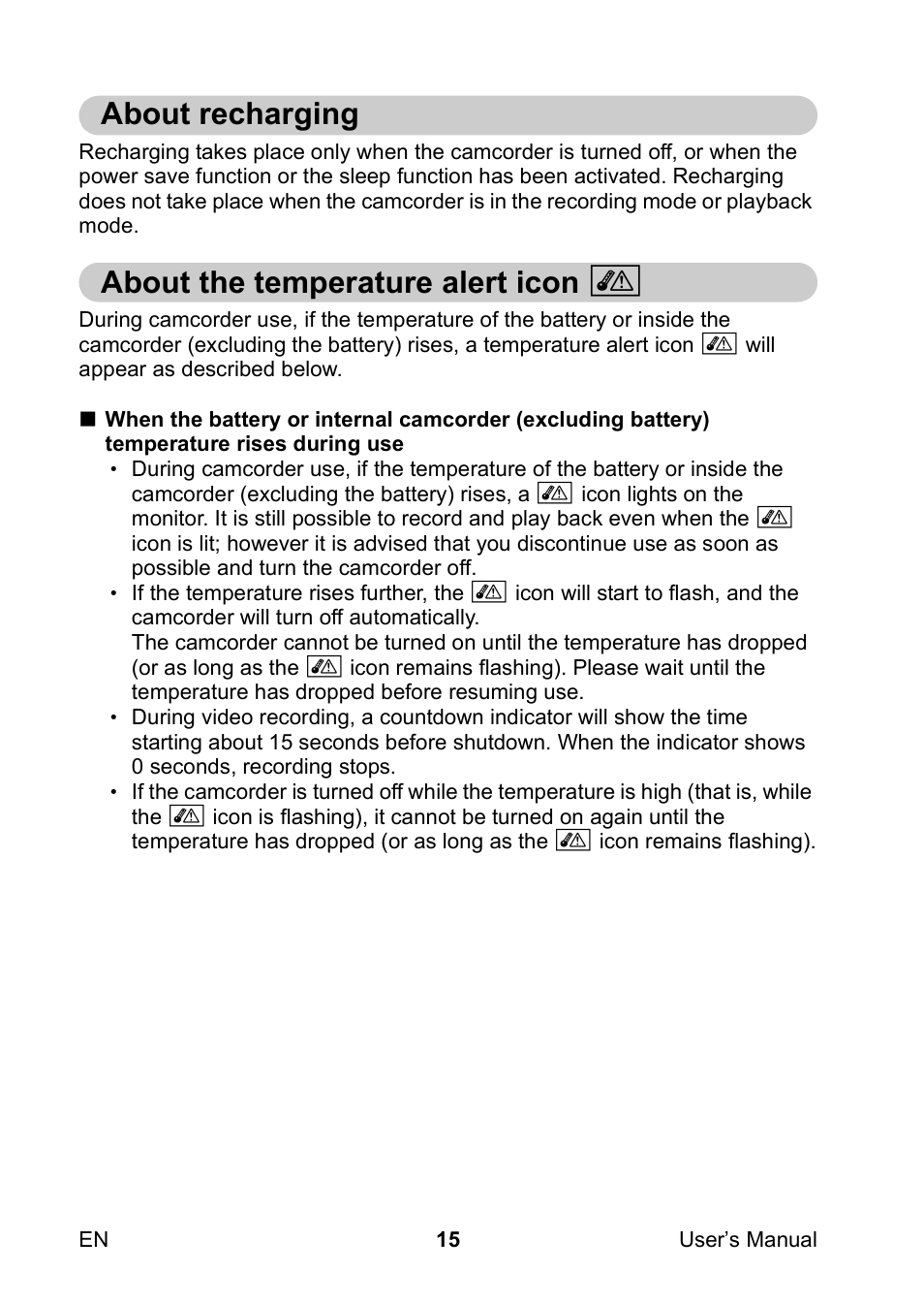 About recharging, About the temperature alert icon, About recharging about the temperature alert icon | Urning the camcorder on and off | Toshiba Camileo SX900 User Manual | Page 26 / 75