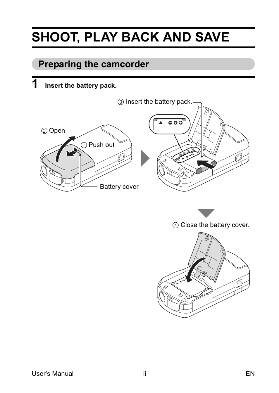 Shoot, play back and save, Preparing the camcorder | Toshiba Camileo SX900 User Manual | Page 3 / 75