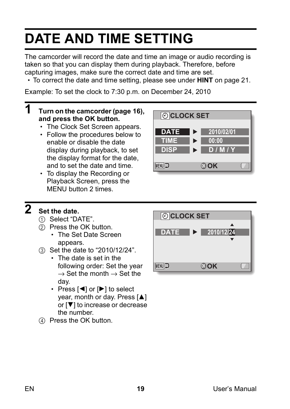 Date and time setting | Toshiba Camileo SX900 User Manual | Page 30 / 75