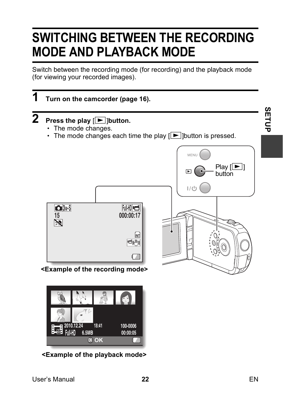 Switching between the recording mode and, Playback mode | Toshiba Camileo SX900 User Manual | Page 33 / 75