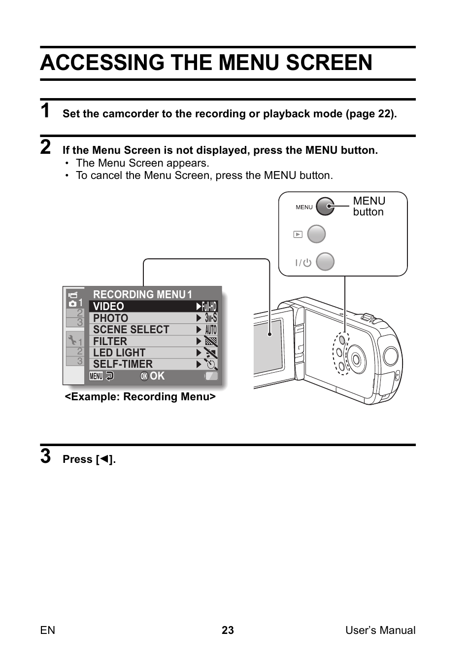 Accessing the menu screen | Toshiba Camileo SX900 User Manual | Page 34 / 75