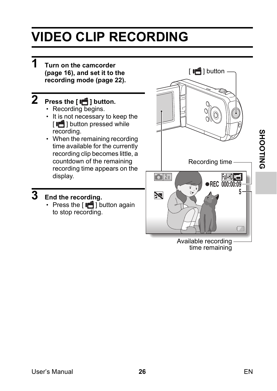 Shooting, Video clip recording, Full-hd | Toshiba Camileo SX900 User Manual | Page 37 / 75