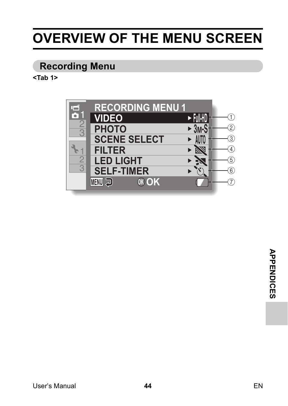 Overview of the menu screen, Recording menu, Full-hd 3 | Toshiba Camileo SX900 User Manual | Page 55 / 75