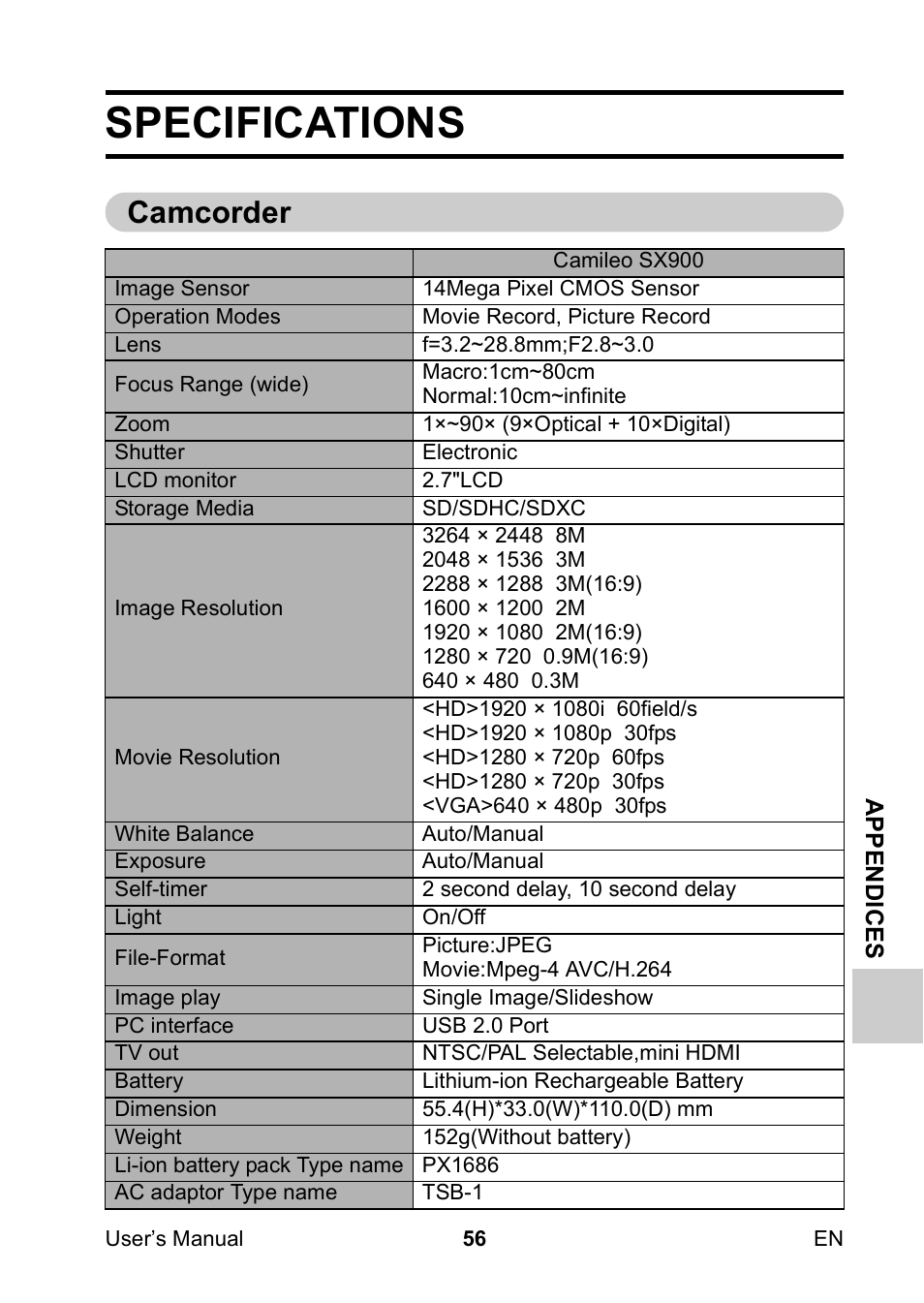 Specifications, Camcorder | Toshiba Camileo SX900 User Manual | Page 67 / 75