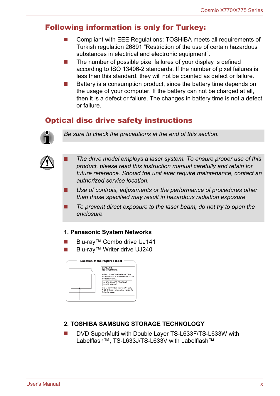 Following information is only for turkey, Optical disc drive safety instructions | Toshiba Qosmio X770 User Manual | Page 10 / 170