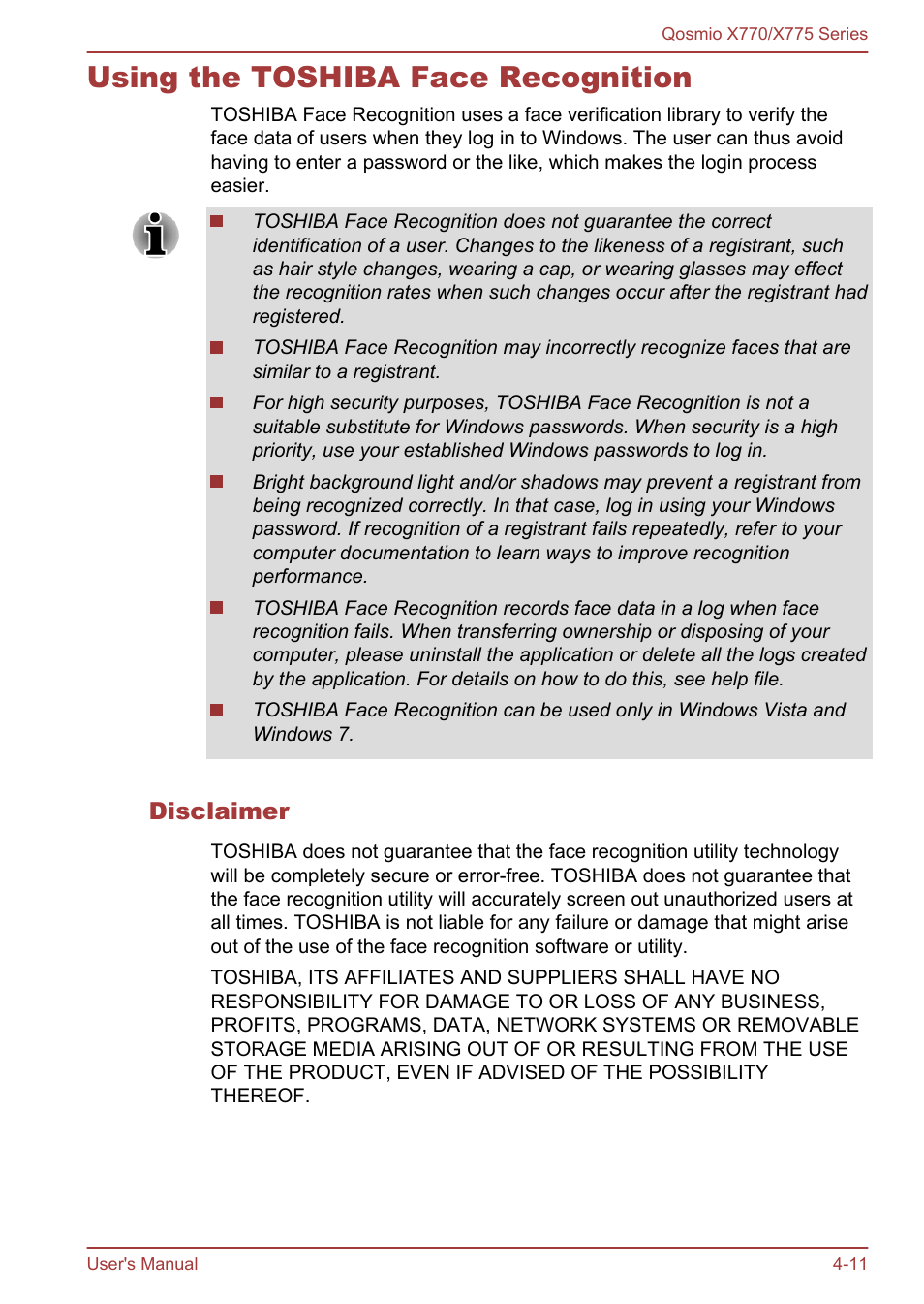 Using the toshiba face recognition, Disclaimer, Using the toshiba face recognition -11 | For more information, please refer to the, Using, The toshiba face recognition, Section | Toshiba Qosmio X770 User Manual | Page 100 / 170