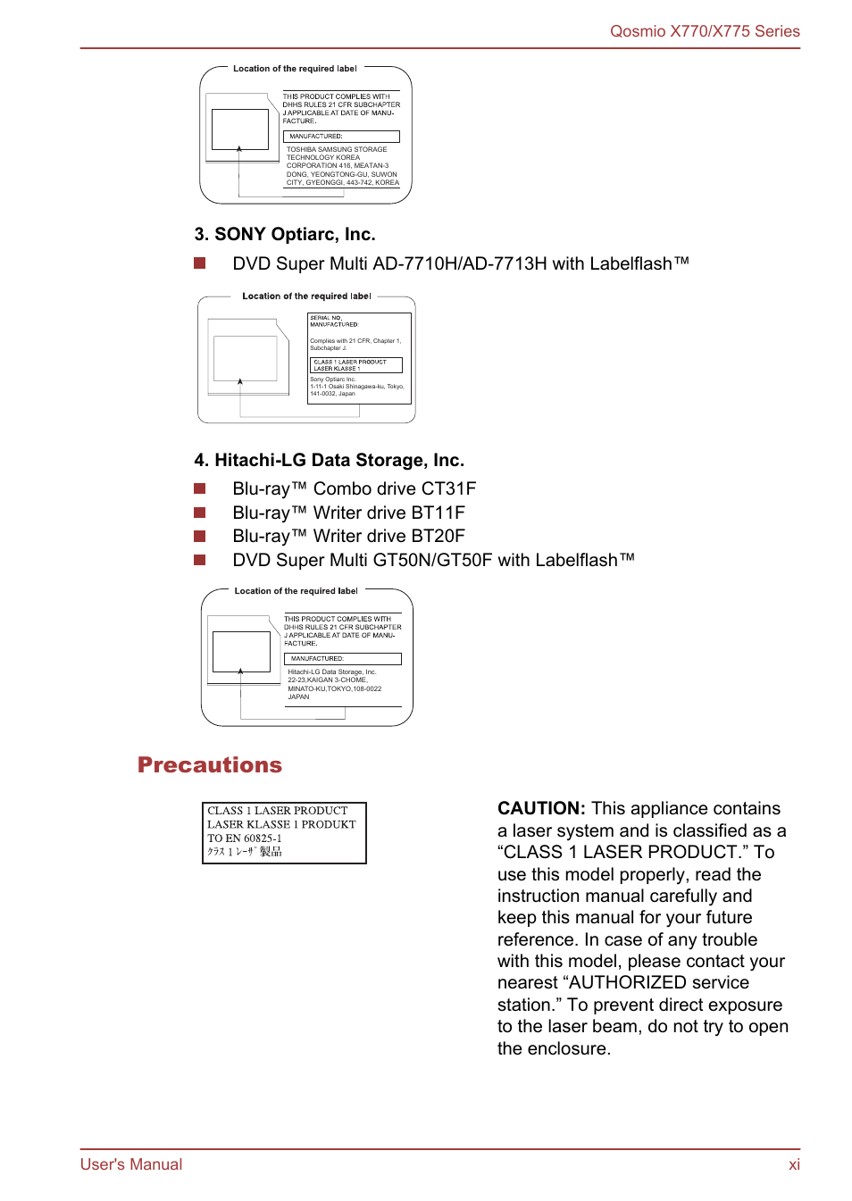 Precautions | Toshiba Qosmio X770 User Manual | Page 11 / 170