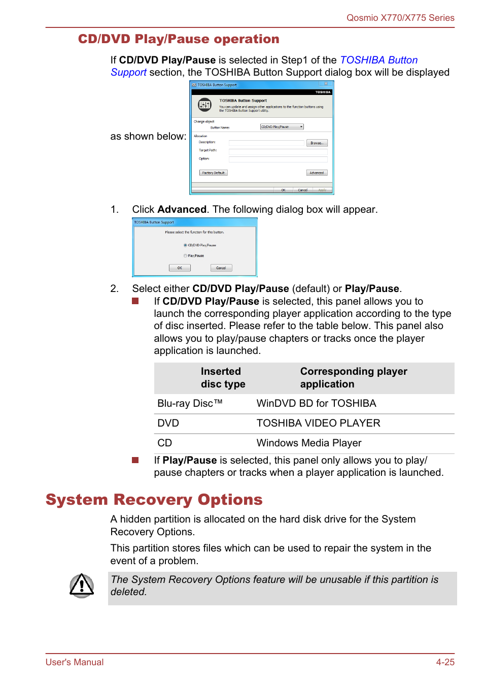 Cd/dvd play/pause operation, System recovery options, System recovery options -25 | Toshiba Qosmio X770 User Manual | Page 114 / 170