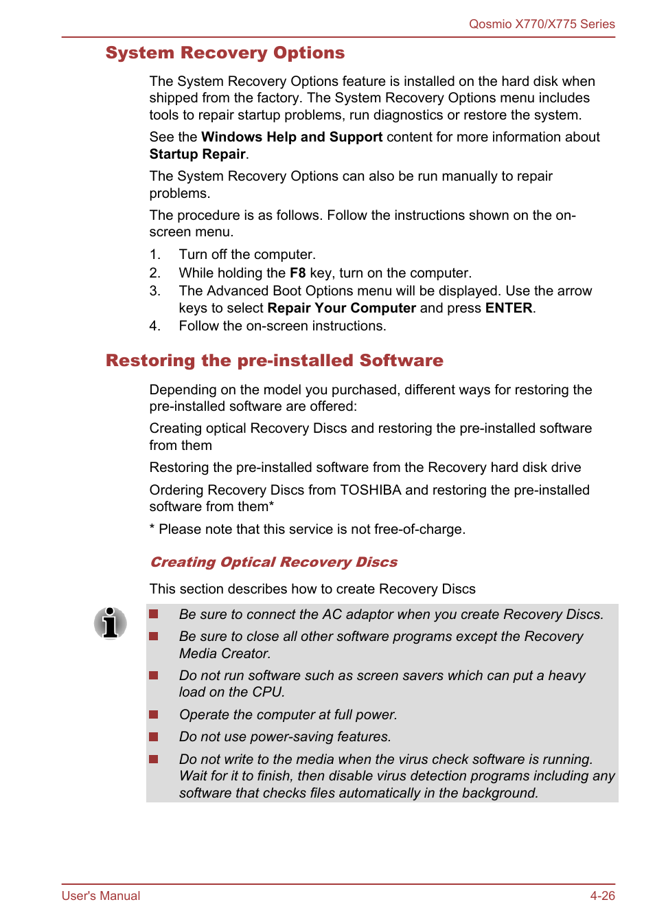 System recovery options, Restoring the pre-installed software | Toshiba Qosmio X770 User Manual | Page 115 / 170