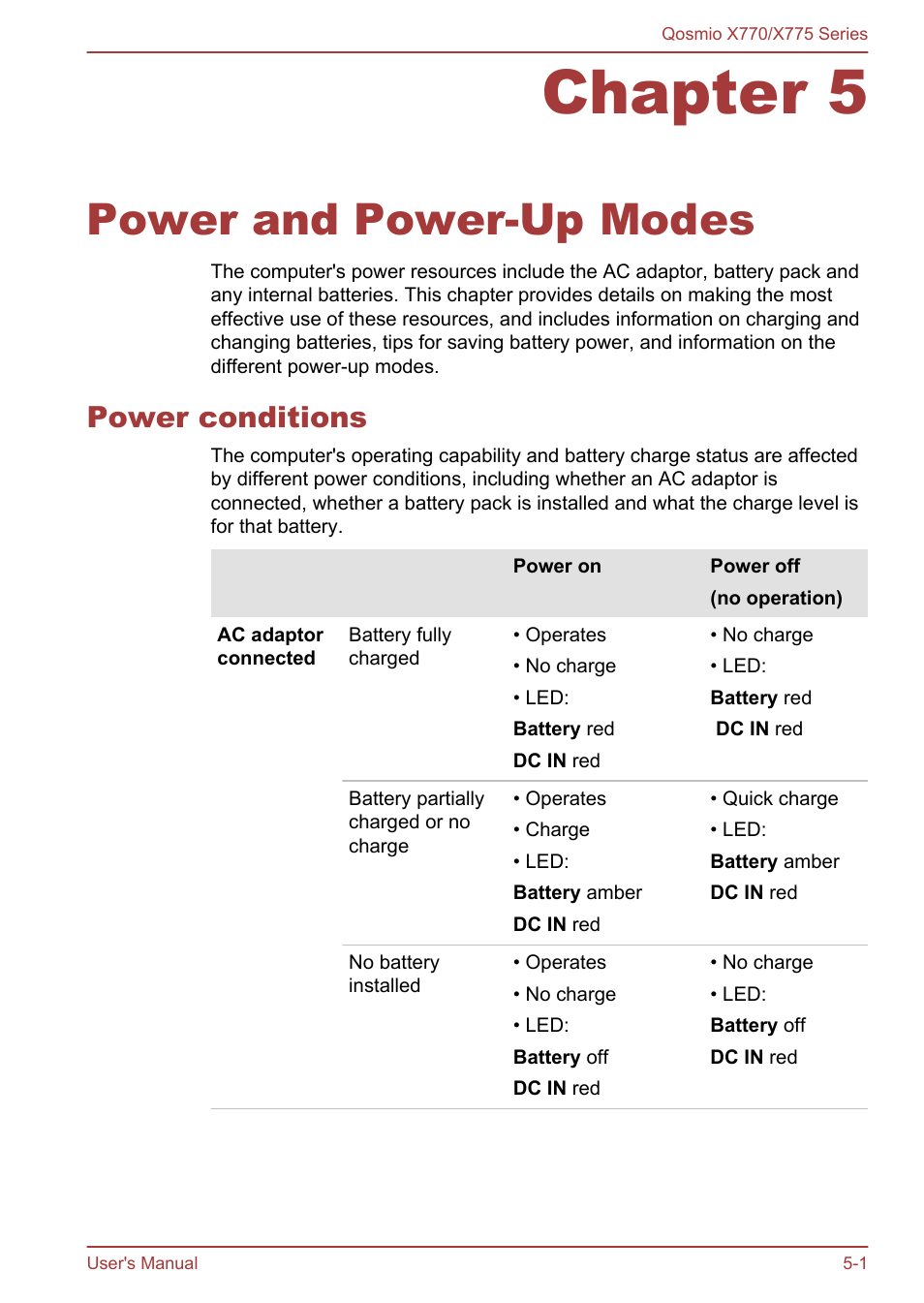 Chapter 5 power and power-up modes, Power conditions, Chapter 5 | Power and power-up modes, Power conditions -1, Condition. please refer to chapter 5, Power and, Power-up modes, For more information on this, Power | Toshiba Qosmio X770 User Manual | Page 119 / 170