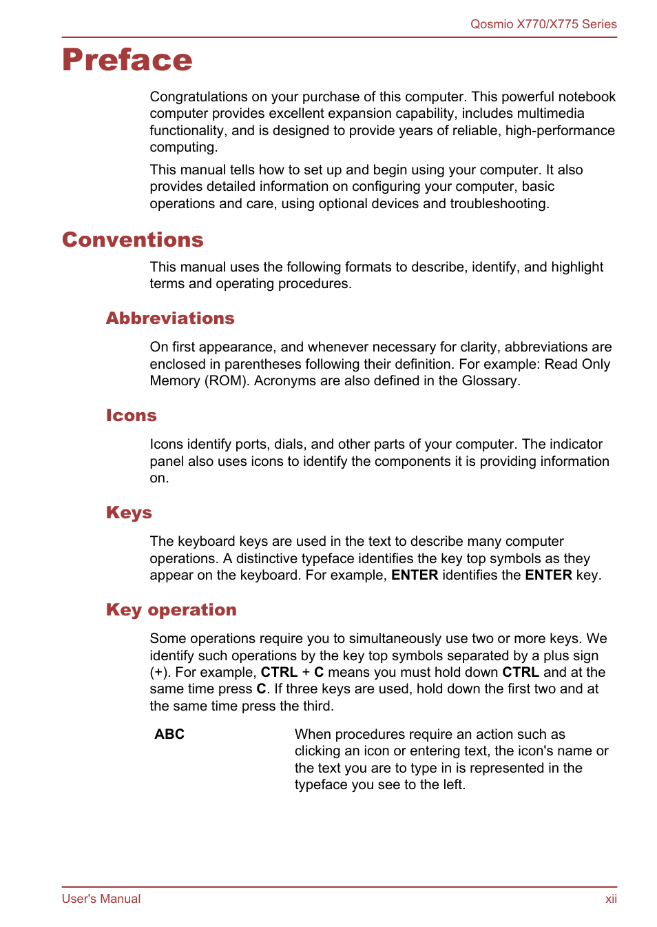 Preface, Conventions, Abbreviations | Icons, Keys, Key operation | Toshiba Qosmio X770 User Manual | Page 12 / 170