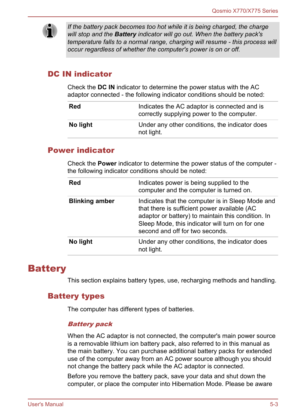 Dc in indicator, Power indicator, Battery | Battery types, Battery -3 | Toshiba Qosmio X770 User Manual | Page 121 / 170