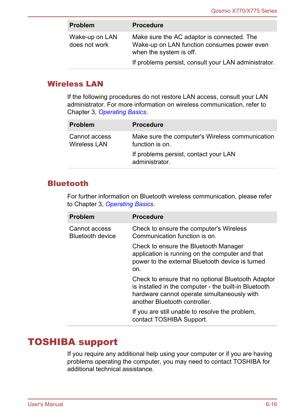 Wireless lan, Bluetooth, Toshiba support | Toshiba support -16 | Toshiba Qosmio X770 User Manual | Page 144 / 170