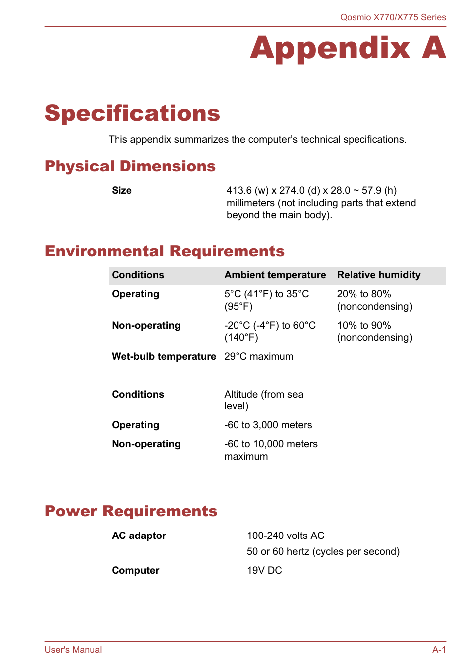 Appendix a specifications, Physical dimensions, Environmental requirements | Power requirements, Appendix a, Specifications | Toshiba Qosmio X770 User Manual | Page 146 / 170