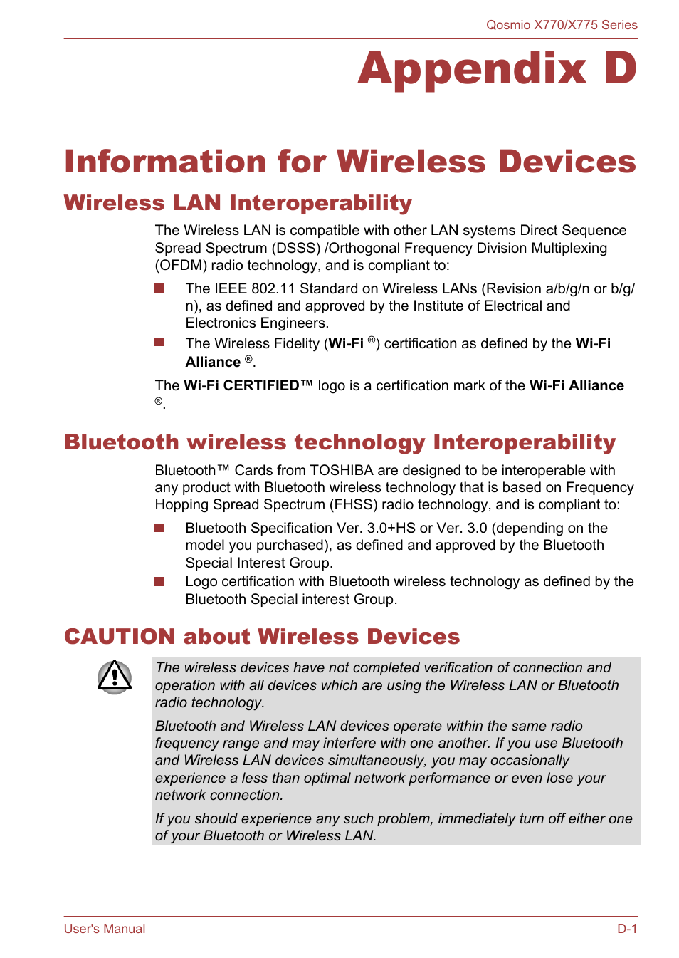 Appendix d information for wireless devices, Wireless lan interoperability, Bluetooth wireless technology interoperability | Caution about wireless devices, Appendix d, Information for wireless devices | Toshiba Qosmio X770 User Manual | Page 154 / 170