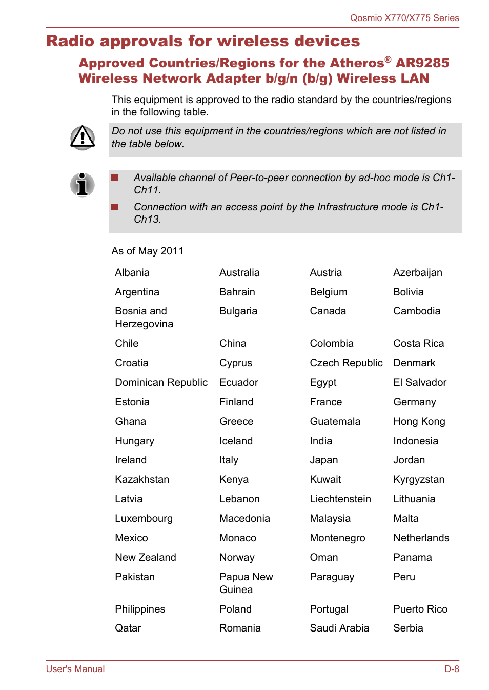 Radio approvals for wireless devices, Approved countries/regions for the atheros | Toshiba Qosmio X770 User Manual | Page 161 / 170