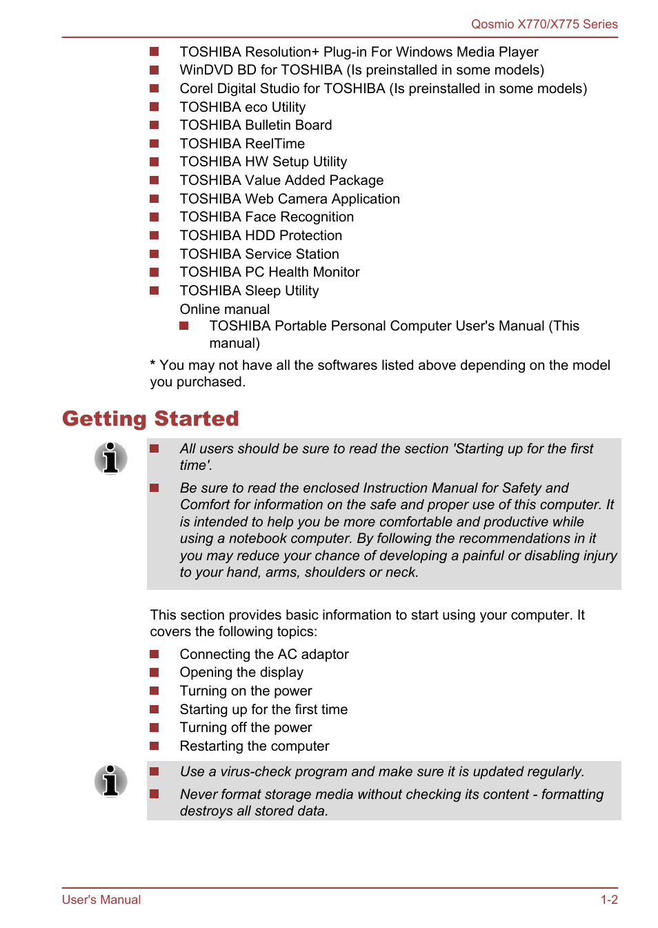 Getting started, Getting started -2 | Toshiba Qosmio X770 User Manual | Page 17 / 170
