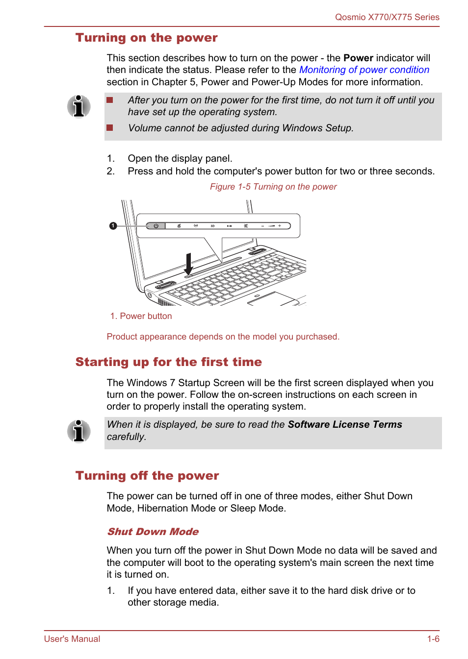 Turning on the power, Starting up for the first time, Turning off the power | Toshiba Qosmio X770 User Manual | Page 21 / 170