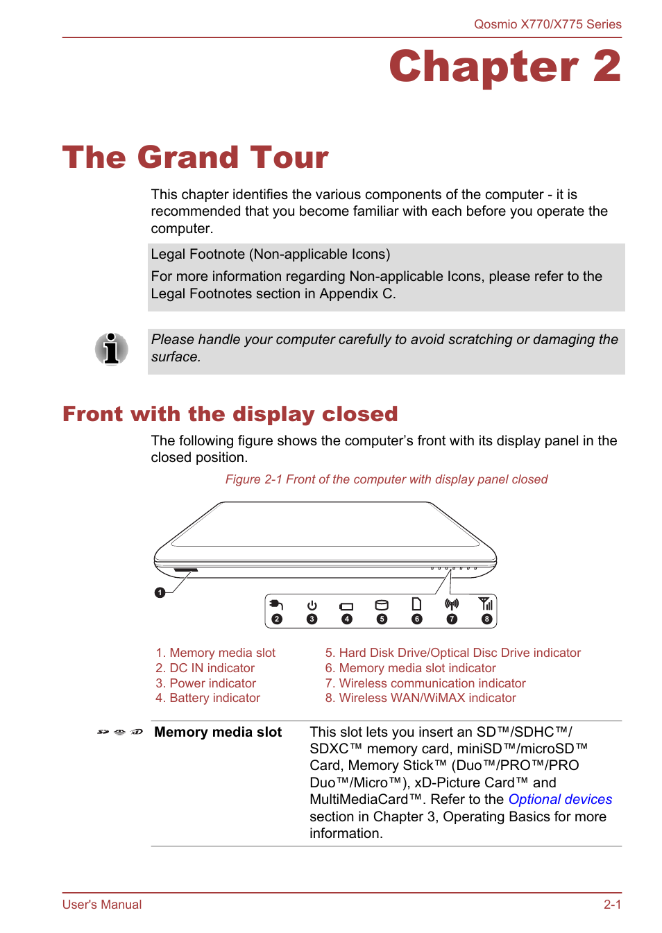 Chapter 2 the grand tour, Front with the display closed, Chapter 2 | The grand tour, Front with the display closed -1 | Toshiba Qosmio X770 User Manual | Page 26 / 170