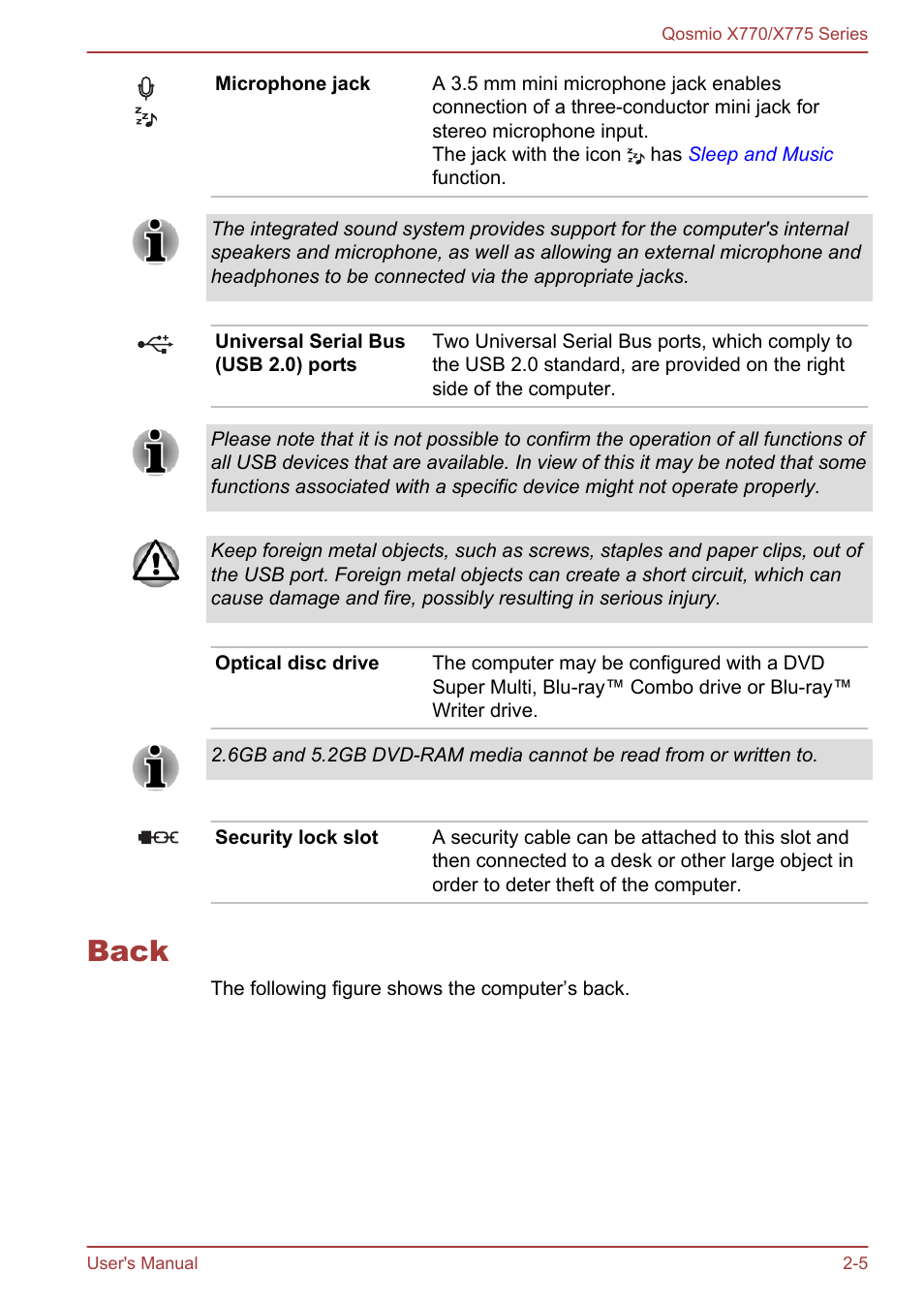 Back, Back -5 | Toshiba Qosmio X770 User Manual | Page 30 / 170