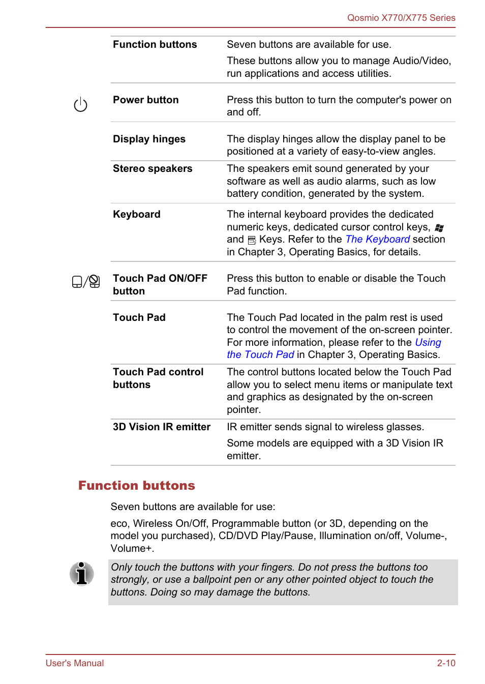 Function buttons | Toshiba Qosmio X770 User Manual | Page 35 / 170