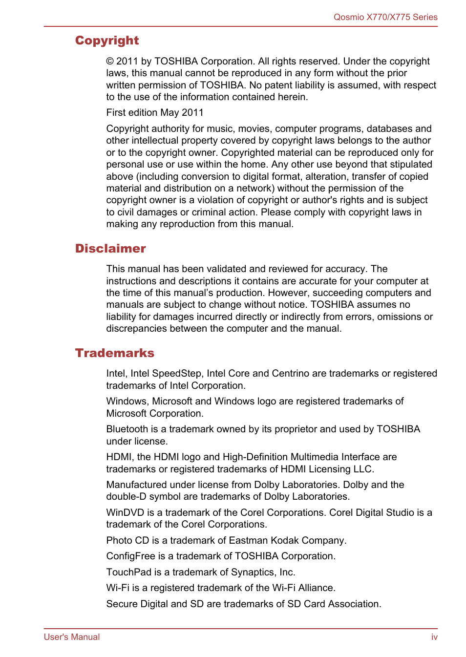 Toshiba Qosmio X770 User Manual | Page 4 / 170