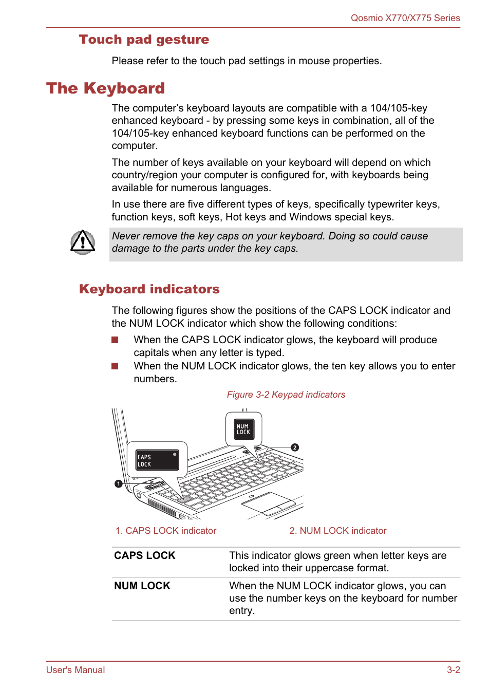 Touch pad gesture, The keyboard, Keyboard indicators | The keyboard -2, Keys. refer to the, Section | Toshiba Qosmio X770 User Manual | Page 43 / 170