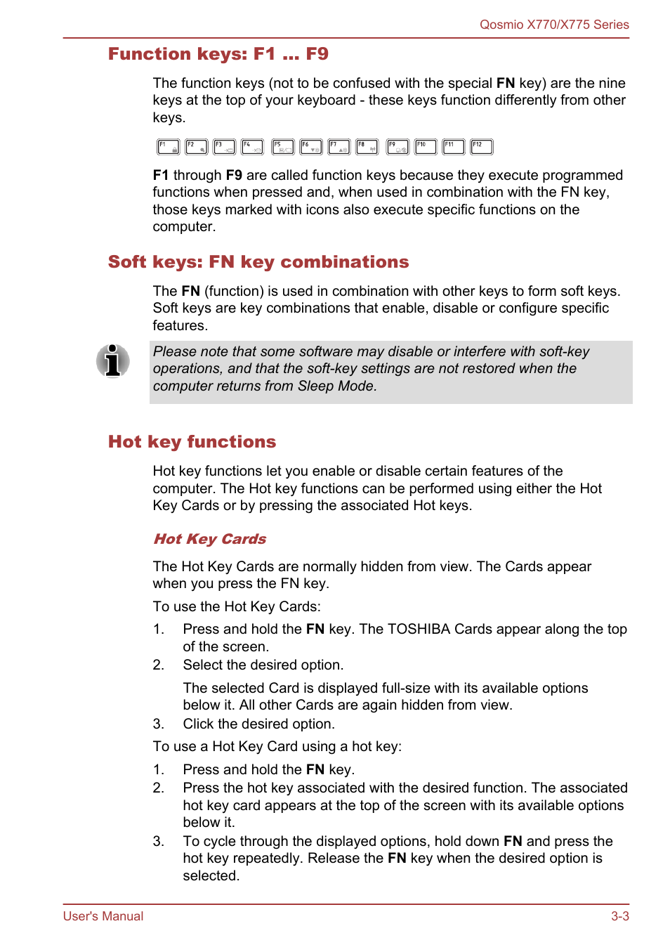 Function keys: f1 … f9, Soft keys: fn key combinations, Hot key functions | Toshiba Qosmio X770 User Manual | Page 44 / 170