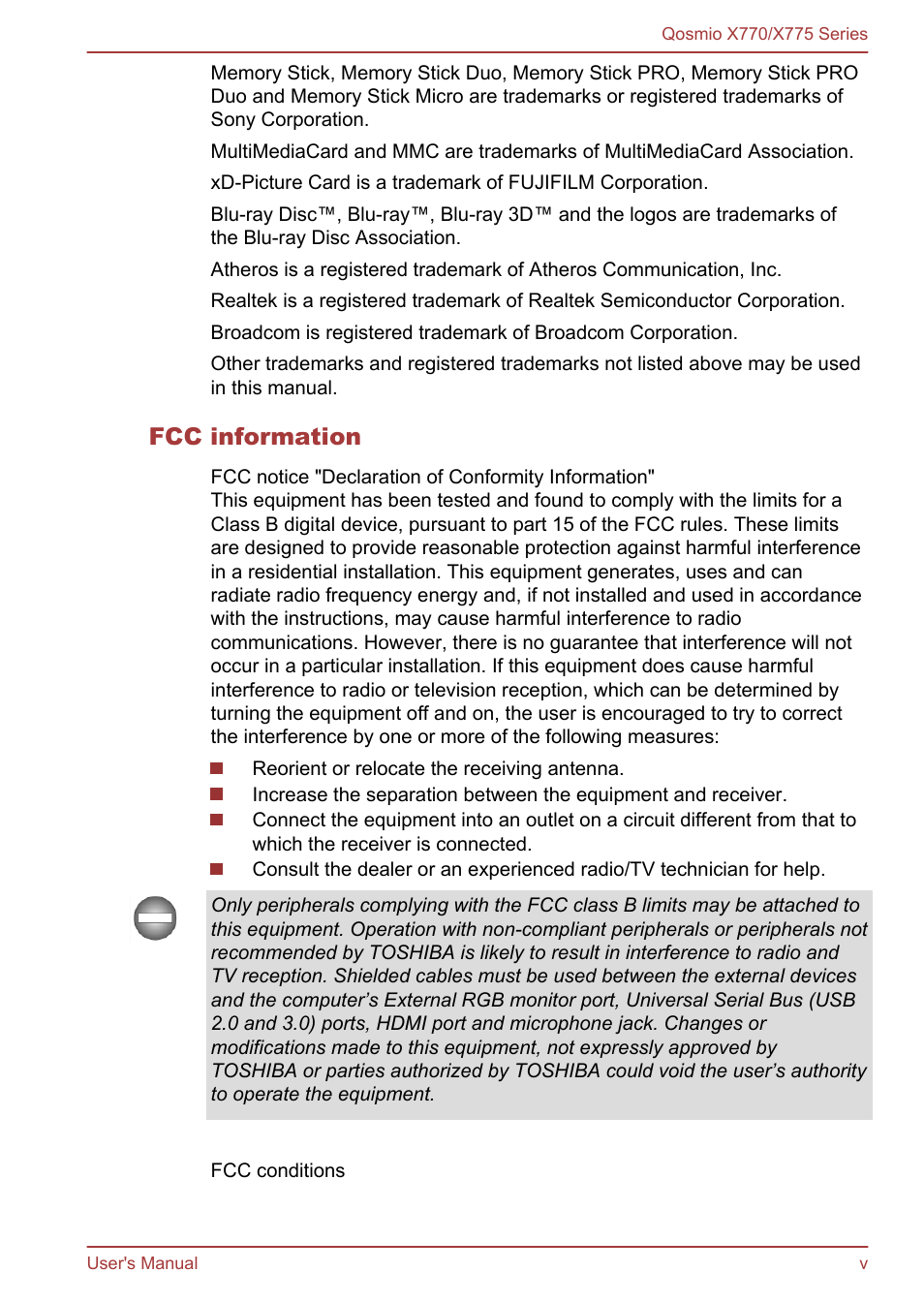 Fcc information | Toshiba Qosmio X770 User Manual | Page 5 / 170
