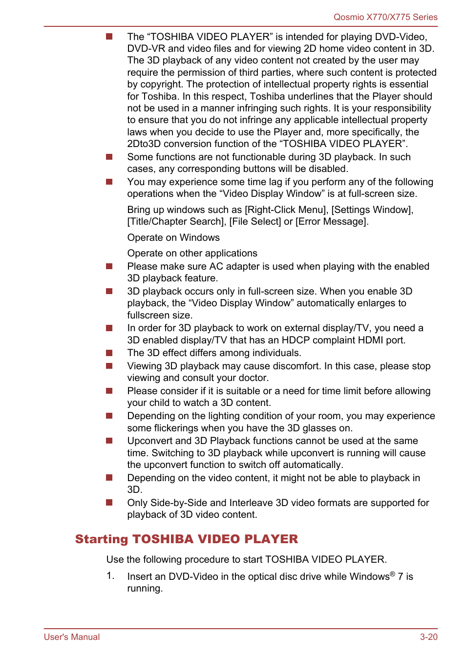 Starting toshiba video player | Toshiba Qosmio X770 User Manual | Page 61 / 170