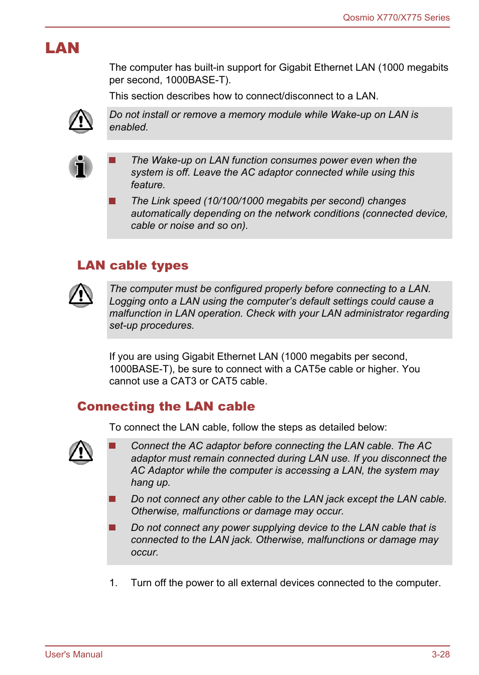 Lan cable types, Connecting the lan cable, Lan -28 | Toshiba Qosmio X770 User Manual | Page 69 / 170