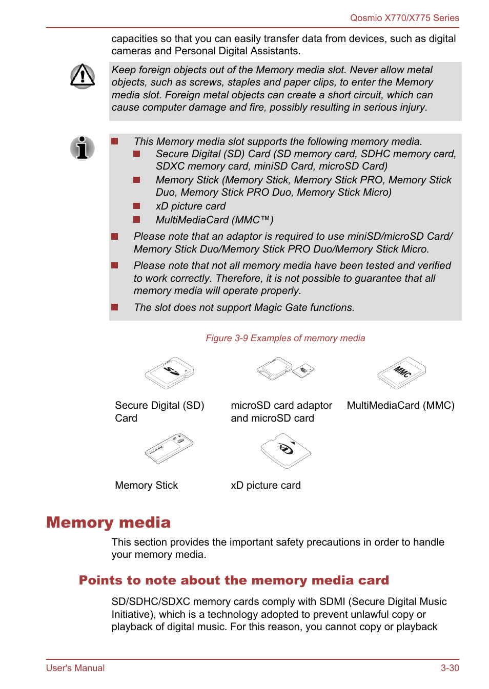 Memory media, Points to note about the memory media card, Memory media -30 | Toshiba Qosmio X770 User Manual | Page 71 / 170