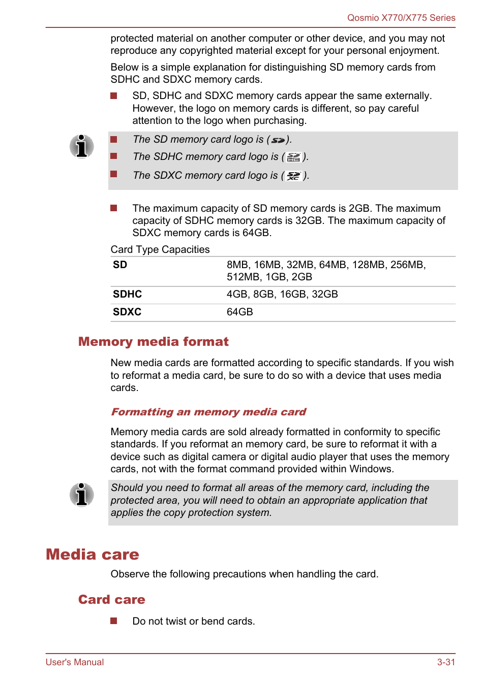 Memory media format, Media care, Card care | Media care -31 | Toshiba Qosmio X770 User Manual | Page 72 / 170