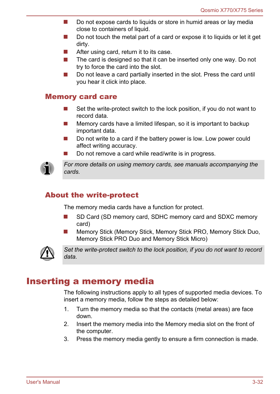 Memory card care, About the write-protect, Inserting a memory media | Inserting a memory media -32 | Toshiba Qosmio X770 User Manual | Page 73 / 170