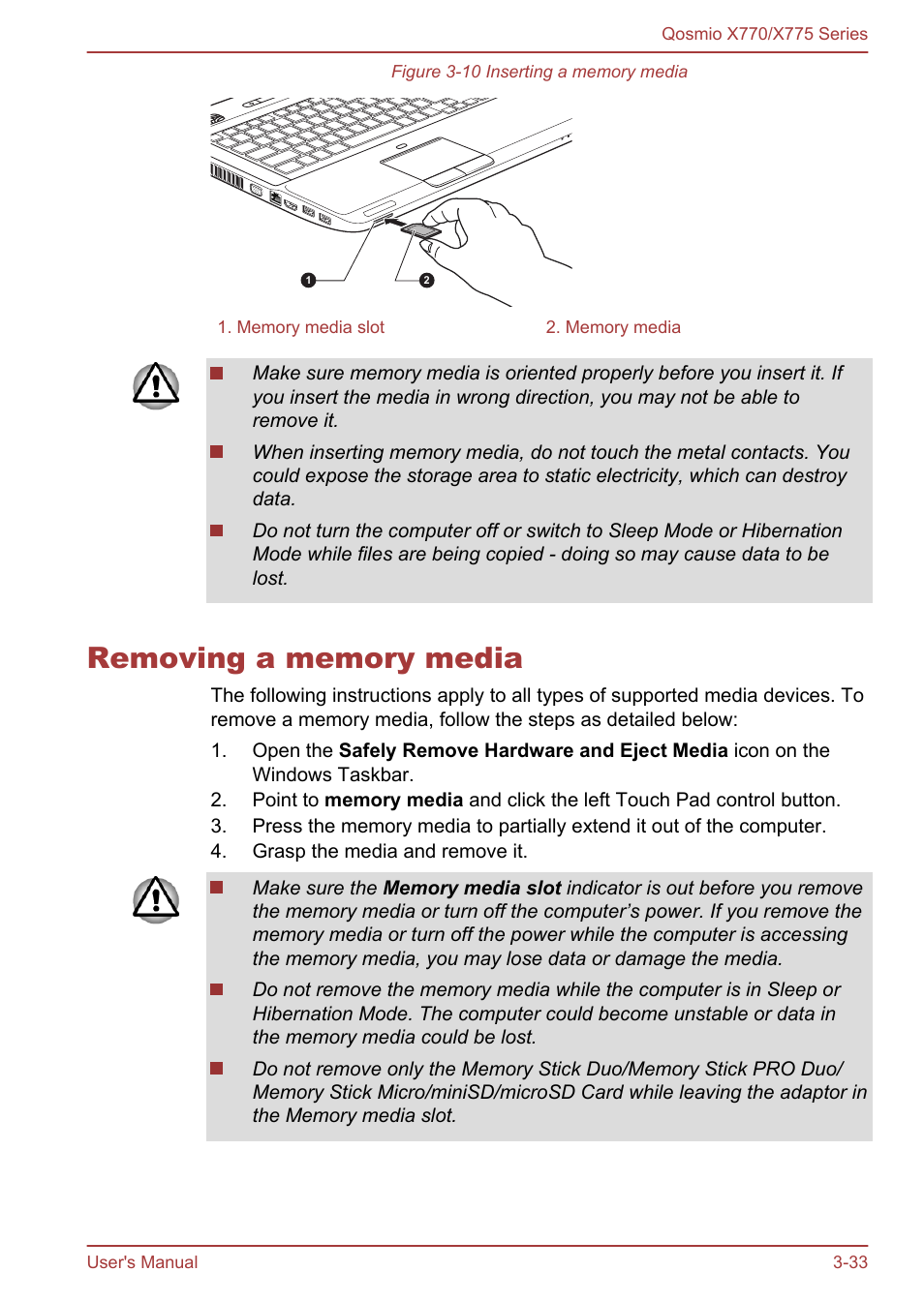 Removing a memory media, Removing a memory media -33 | Toshiba Qosmio X770 User Manual | Page 74 / 170