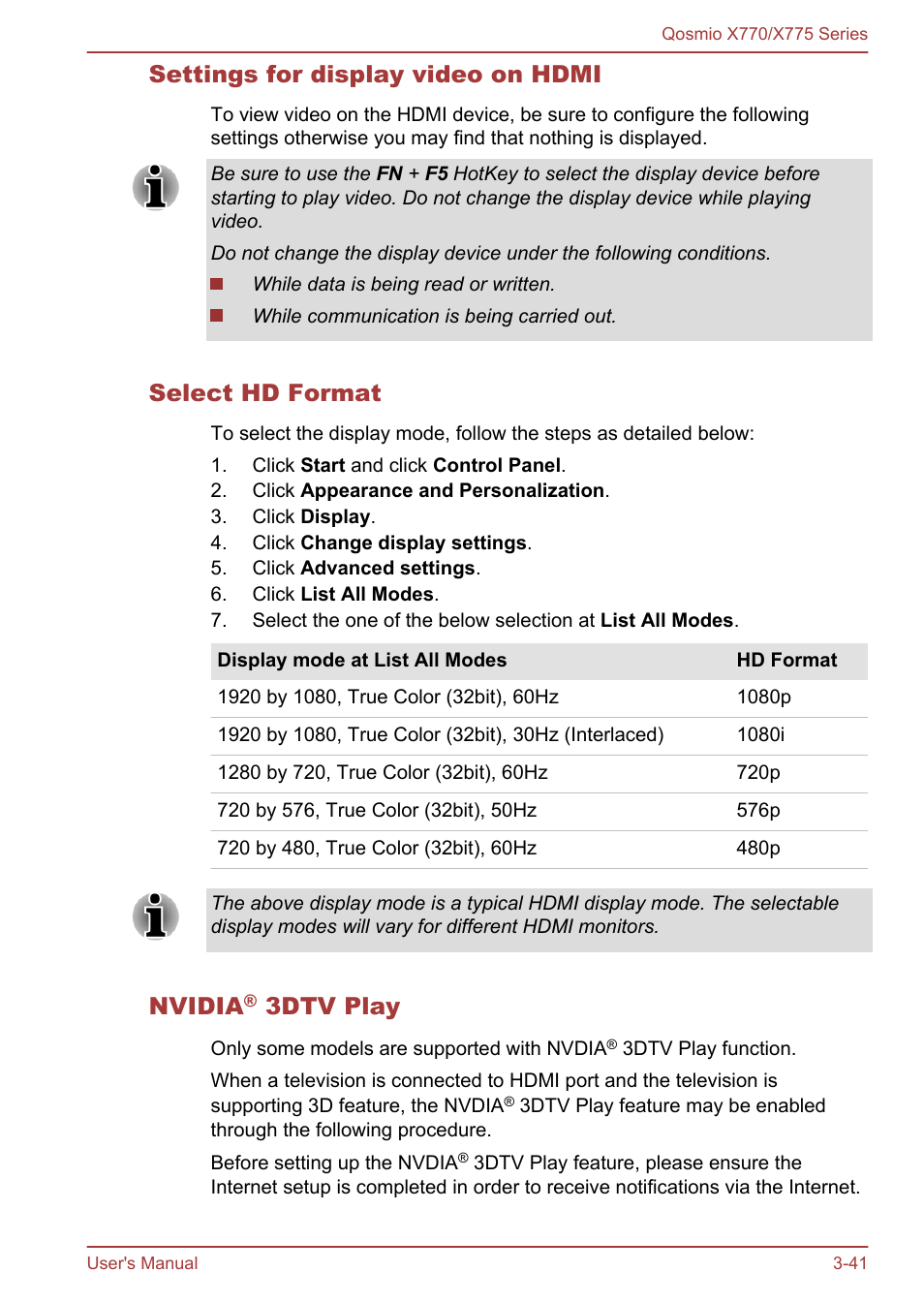 Settings for display video on hdmi, Select hd format, Nvidia® 3dtv play | Nvidia, 3dtv play | Toshiba Qosmio X770 User Manual | Page 82 / 170