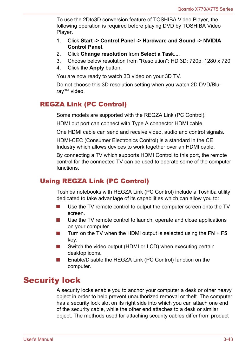 Regza link (pc control), Using regza link (pc control), Security lock | Security lock -43 | Toshiba Qosmio X770 User Manual | Page 84 / 170