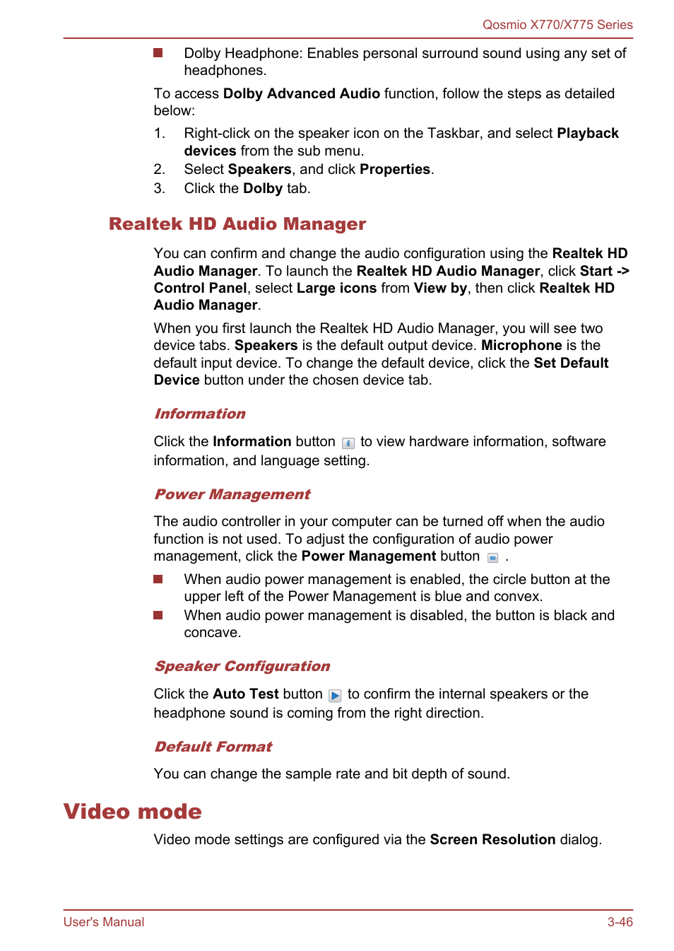 Realtek hd audio manager, Video mode, Video mode -46 | Toshiba Qosmio X770 User Manual | Page 87 / 170