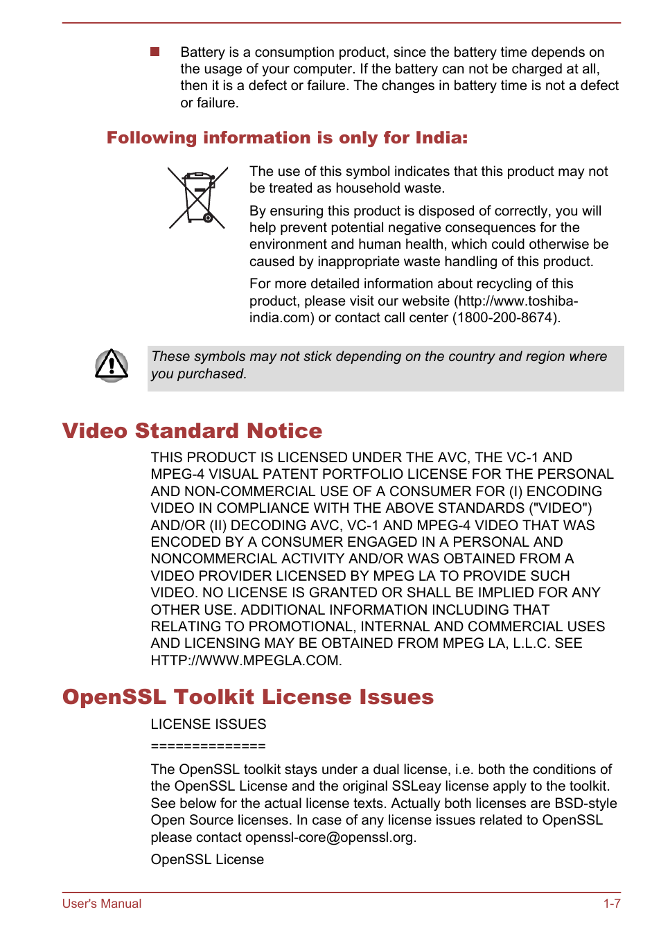 Following information is only for india, Video standard notice, Openssl toolkit license issues | Toshiba Satellite U50-A User Manual | Page 10 / 120