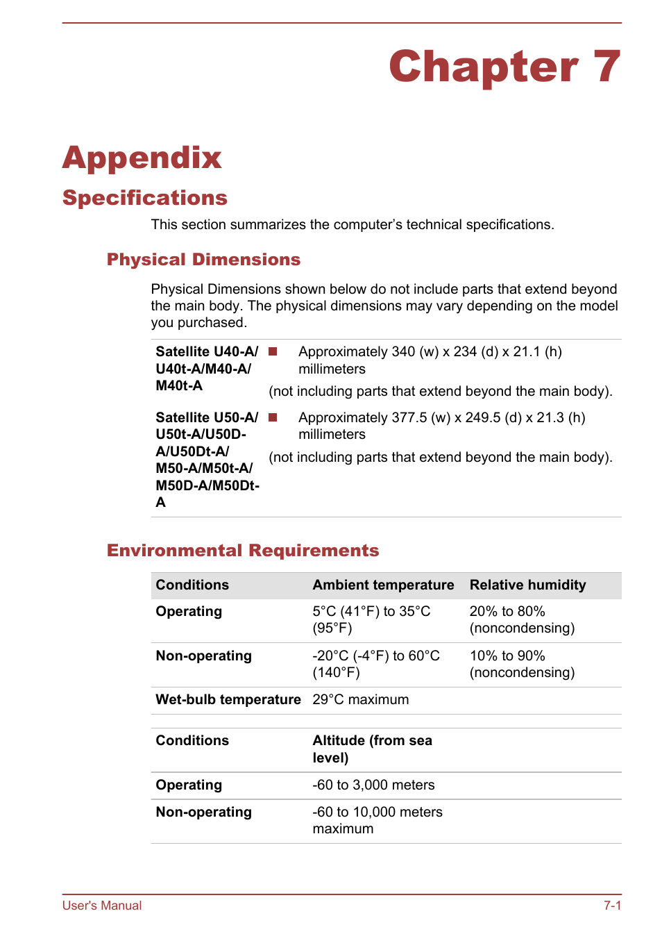 Chapter 7 appendix, Specifications, Physical dimensions | Environmental requirements, Chapter 7, Appendix, Specifications -1 | Toshiba Satellite U50-A User Manual | Page 100 / 120