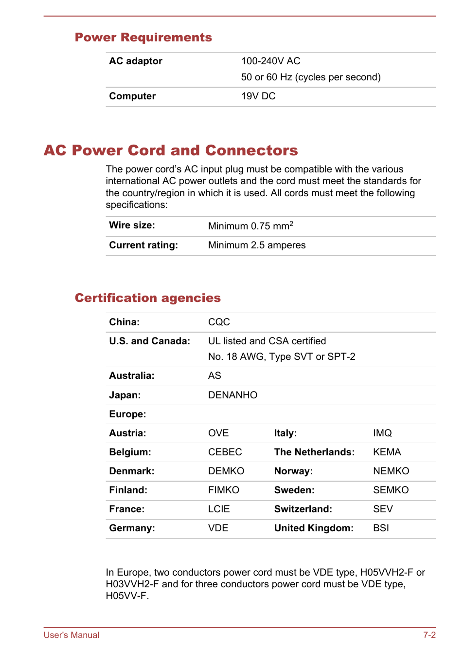 Power requirements, Ac power cord and connectors, Certification agencies | Ac power cord and connectors -2 | Toshiba Satellite U50-A User Manual | Page 101 / 120