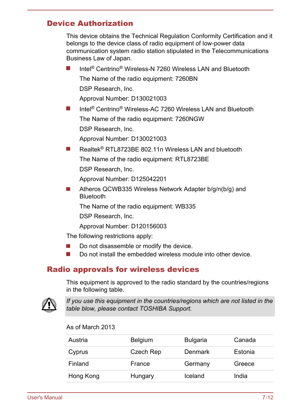 Device authorization, Radio approvals for wireless devices | Toshiba Satellite U50-A User Manual | Page 111 / 120
