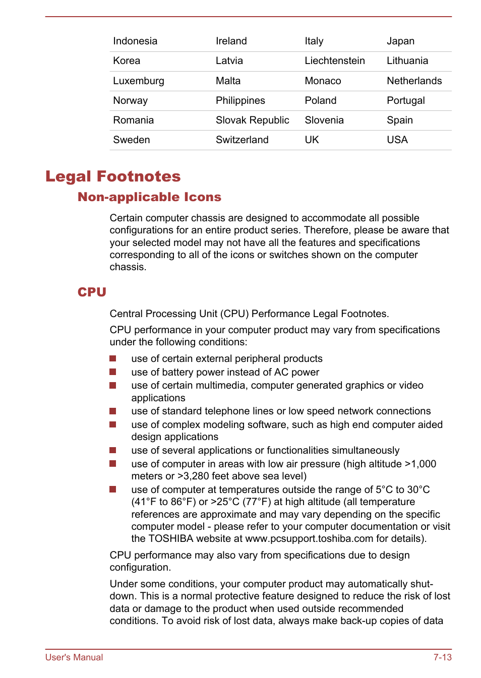 Legal footnotes, Non-applicable icons, Legal footnotes -13 | Legal, Footnotes, Section | Toshiba Satellite U50-A User Manual | Page 112 / 120