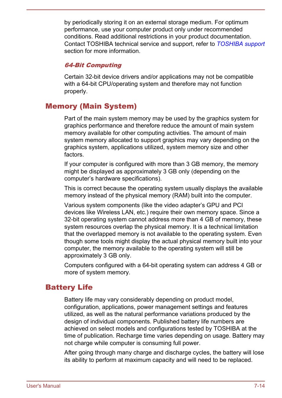 Memory (main system), Battery life | Toshiba Satellite U50-A User Manual | Page 113 / 120