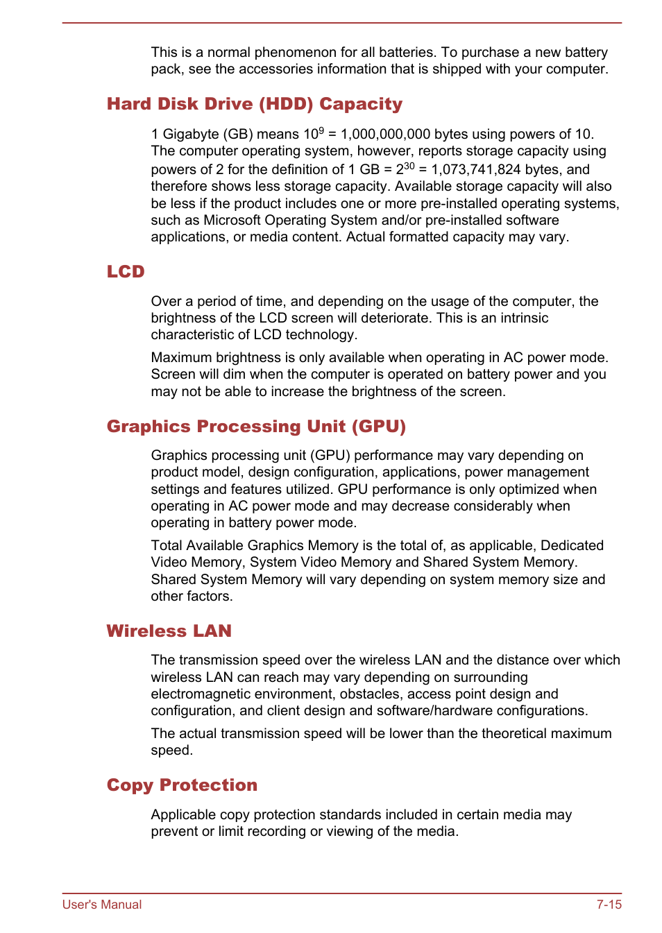 Hard disk drive (hdd) capacity, Graphics processing unit (gpu), Wireless lan | Copy protection | Toshiba Satellite U50-A User Manual | Page 114 / 120