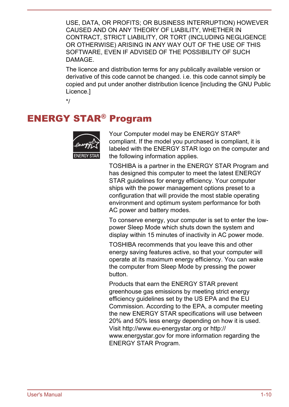 Energy star® program, Energy star® program -10, Energy star | Program | Toshiba Satellite U50-A User Manual | Page 13 / 120