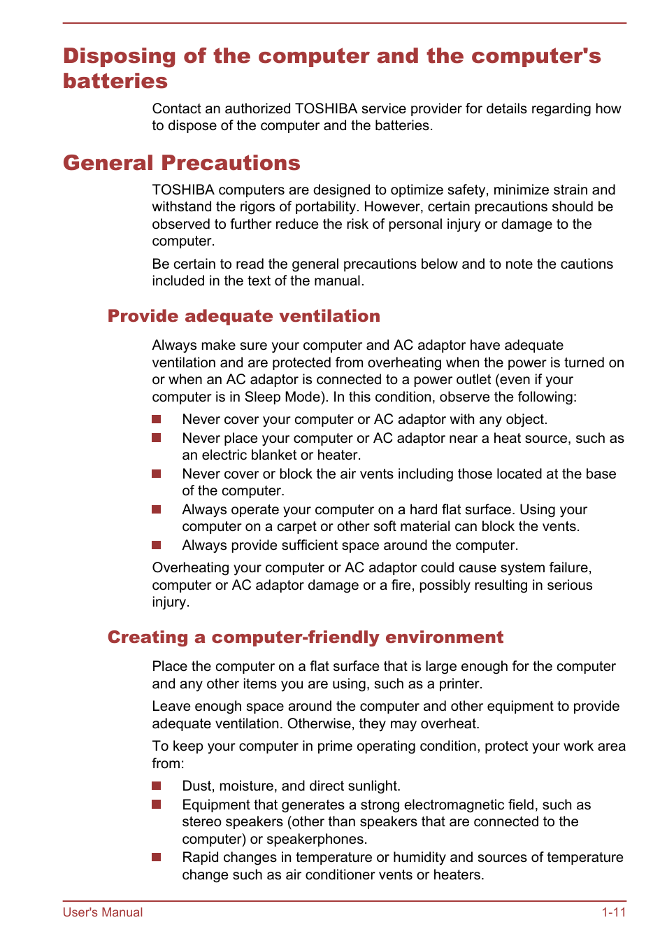 General precautions, Provide adequate ventilation, Creating a computer-friendly environment | Toshiba Satellite U50-A User Manual | Page 14 / 120